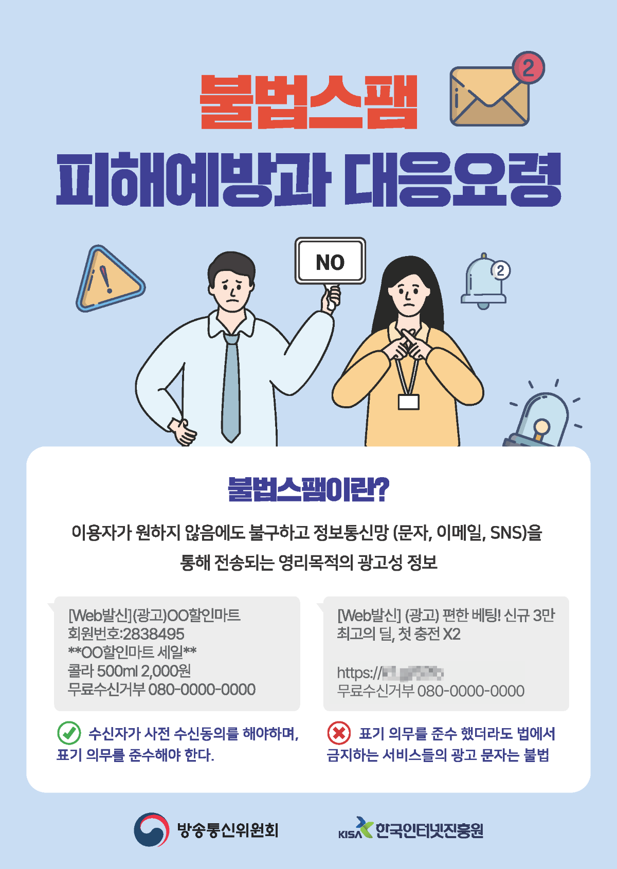 불법스팸 피해예방과 대응요령

불법스팸이란?
이용자가 원하지 않음에도 불구하고 정보통신망(문자, 이메일, SNS)을 통해 전송되는 영리목적의 광고성 정보

[Web발신] (광고) OO 할인마트
회원번호: 2883495
OO 할인마트 세일
콜라 500ml 2,000원
무료수신거부 080-0000-0000

[Web발신] (광고) 편한 배팅! 신규 3만
최고의 팀, 첫 충전 X2
https://■■■■■■.■■
무료수신거부 080-0000-0000

✔ 수신자가 사전 수신동의를 해야하며, 표기 의무를 준수해야 한다.
❌ 표기 의무를 준수했더라도 법에서 금지하는 서비스들의 광고 문자는 불법.

방송통신위원회 한국인터넷진흥원