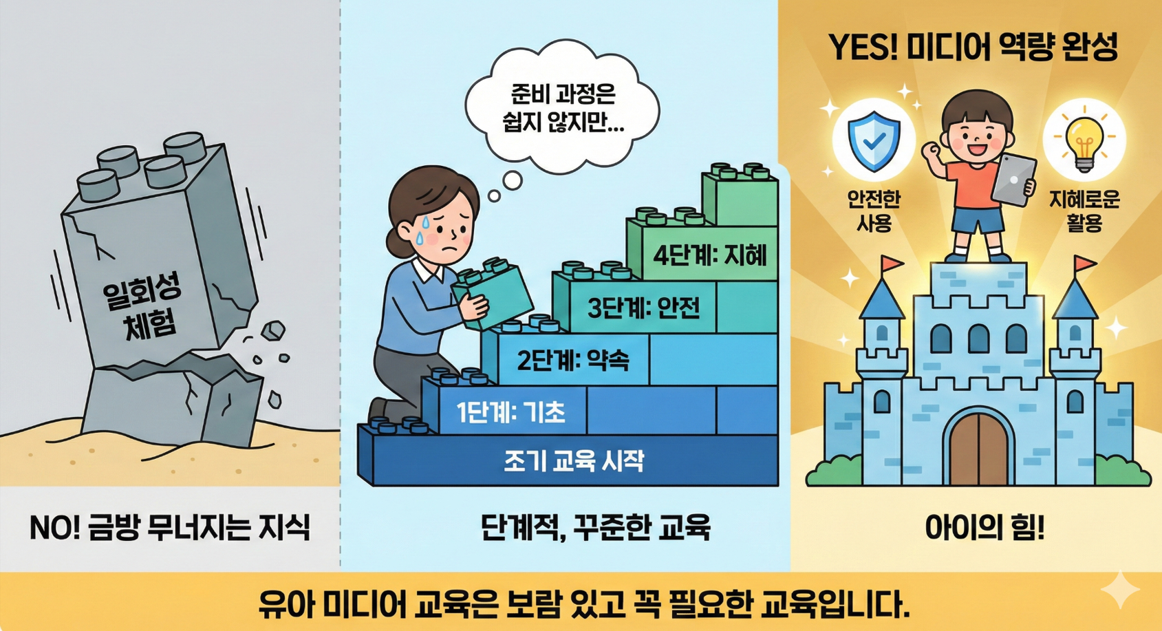 유아미디어교육이 보람있고 꼭 필요한 교육이라는 것을 단계적 이미지를 활용해 강조, 좌측부터 무너지는 블록 안에 일회성 체험이라는 글자가 쓰여 있고 중간 그림은 블록을 탄탄히 쌓아가는 모습으로 1단계 기초, 2단계 약속, 3단계 안전, 4단계 지혜라고 쓰여 있음. 마지막 이미지는 미디어 역량을 완성하고 탄탄한 성 위에서 웃고 있는 유아의 모습 (안전한 사용, 지혜로운 활용) 을 통해 아이의 힘을 기른다는 의미