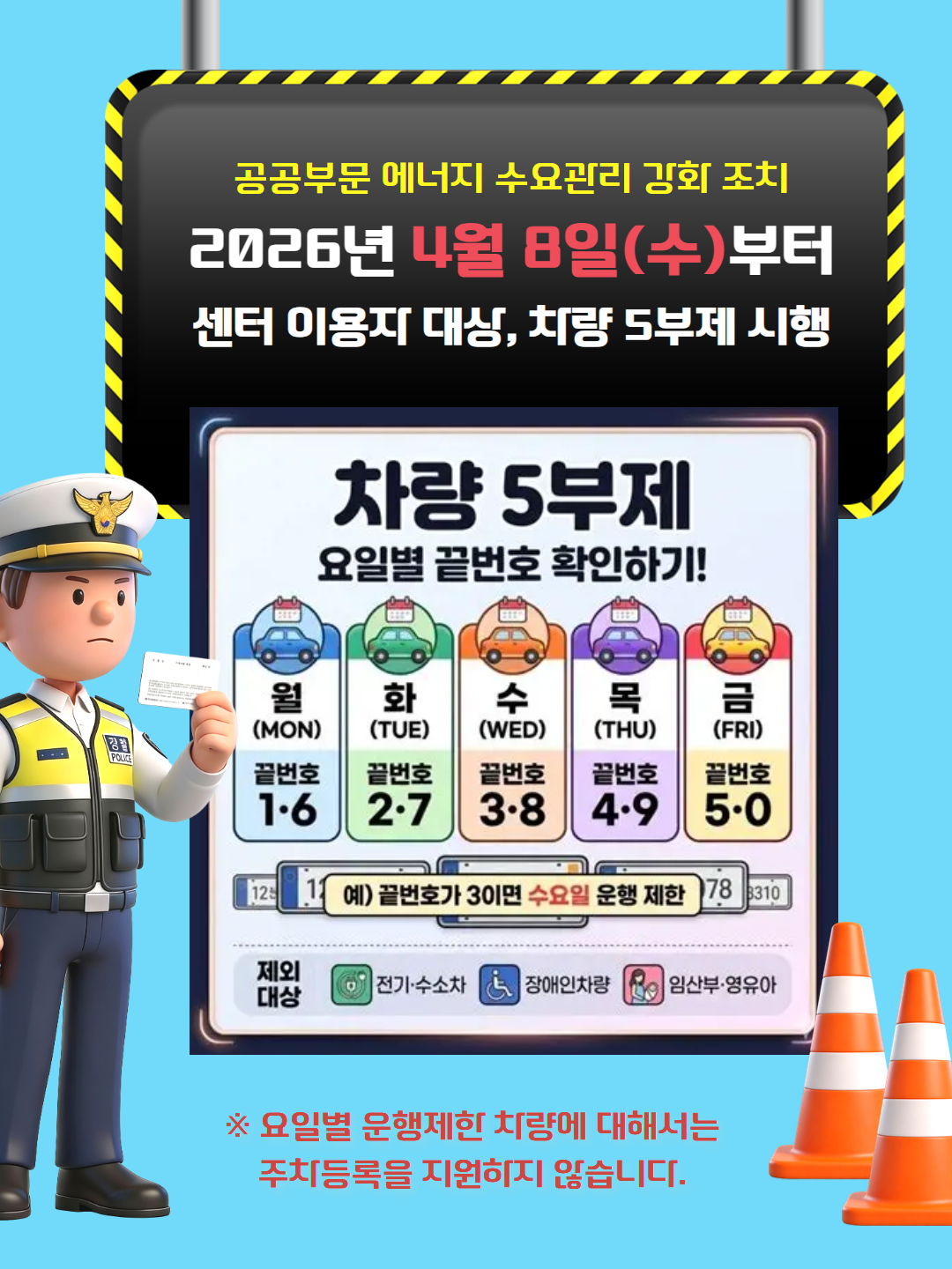 공공부문 에너지 수요관리 강화 조치에 따라, 2026년 4월 8일(수)부터 민원인 대상 주차장 5부제를 시행합니다.